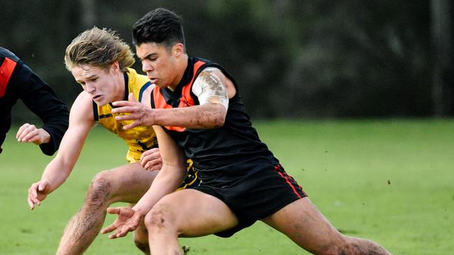 Stefan Lanzoni, in action for Rostrevor last year, kicked four goals in his team’s match with Immanuel on Saturday. Picture: AAP/Morgan Sette