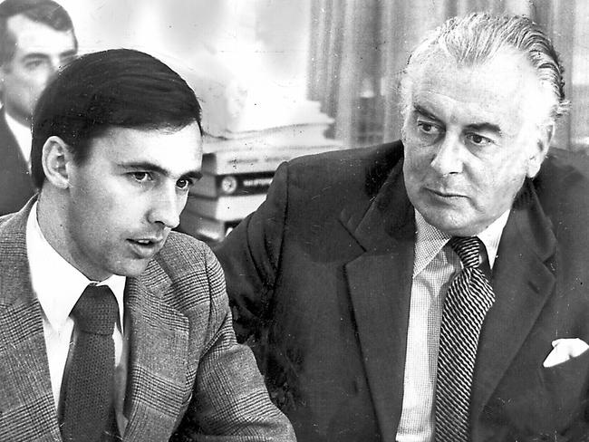 A young and ambitious Paul Keating (left) with Prime Minister Gough Whitlam during a 1974 ALP caucus meeting.