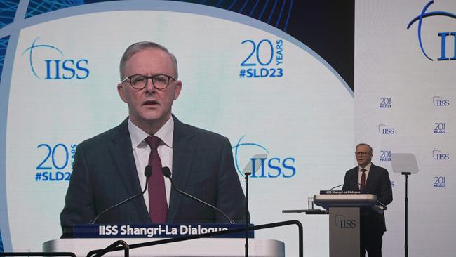 Australian Prime Minister Anthony Albanese delivers his keynote address at the Shangri-La Dialogue summit in Singapore on June 2, 2023. Picture: AFP