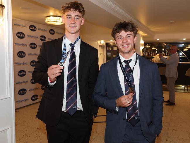 MELBOURNE, AUSTRALIA – OCTOBER 9 2024Samuel Bailey and Joshua Hine at the VAFA Awards Night at the San Remo Ballroom in Carlton on October 9, 2024Picture: Brendan Beckett