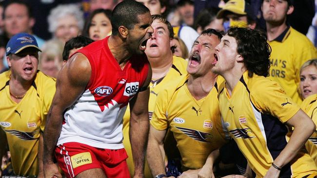 TAKE THAT: Michael O’Loughlin celebrates a matchwinning goal for Sydney against West Coast in the 2006 finals.