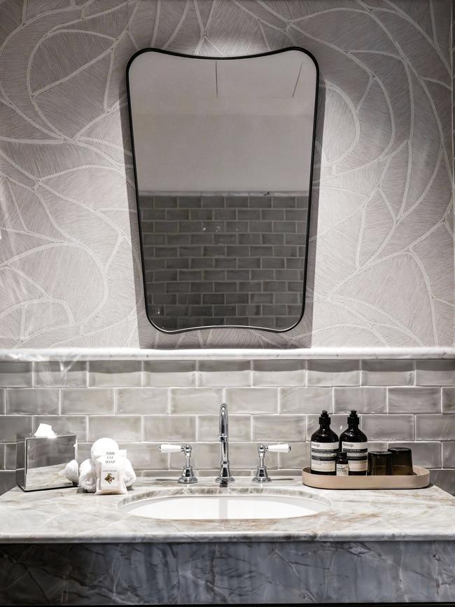 The bathroom and its amazing wallpaper. Picture: Christopher Pearce.