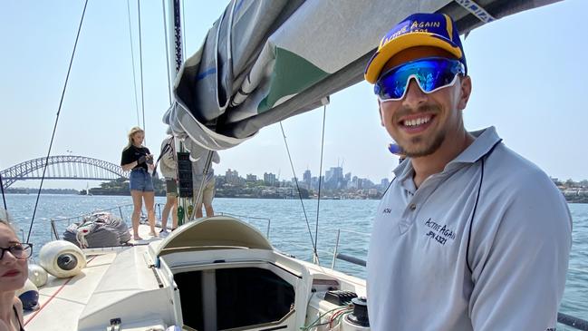 Xavier Doerr, 18, on the Active Again yacht that will be competing in the Sydney To Hobart race.