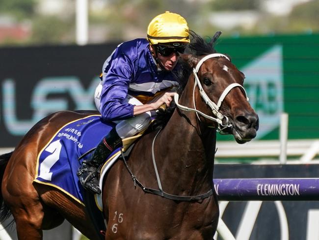 Rich Hips ridden by Nash Rawiller wins the The Hong Kong Jockey Club Stakes at Flemington Racecourse on November 02, 2021 in Flemington, Australia. (Scott Barbour/Racing Photos via Getty Images)