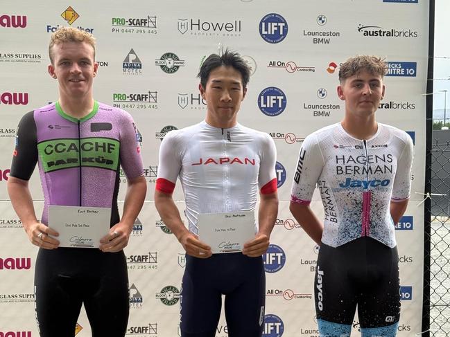 Winner Shoi Matsuda, runner-up Hamish McKenzie (right) and third placegetter Kurt Eather (left) after the elite men's race of the Gilmore Classic. Picture: Supplied