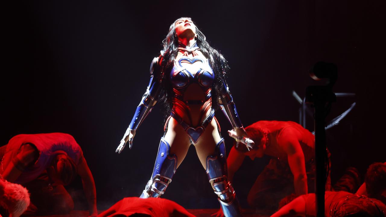 Katy Perry strikes a pose on stage at Qudos Bank Arena for her opening Lifetimes Tour show in Sydney. Picture: Jonathan Ng
