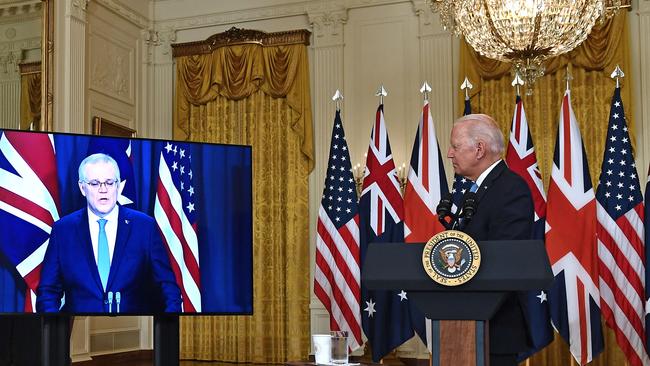 US President Joe Biden thanked ‘that fellow down under’ during the inaugural AUKUS announcement on Thursday. Picture: Brendan Smialowski / AFP)