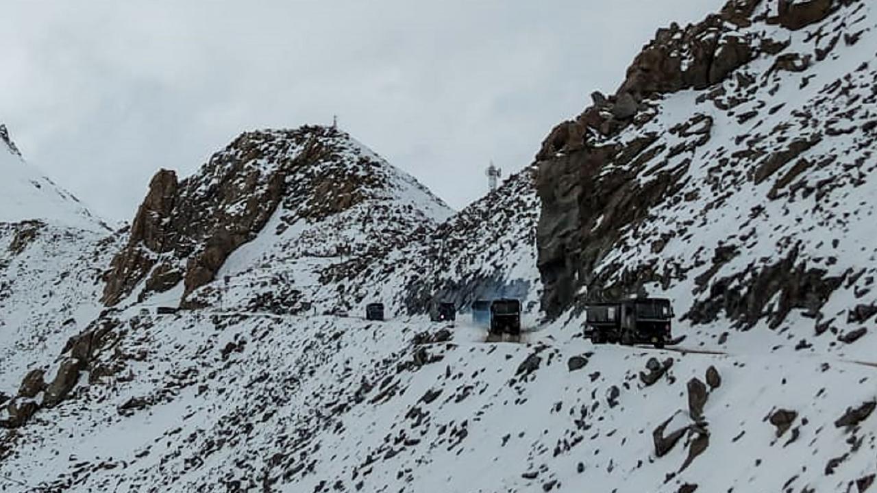 Vehicles in northern India's Ladakh near the border with China. Picture: Photo by STR / AFP.