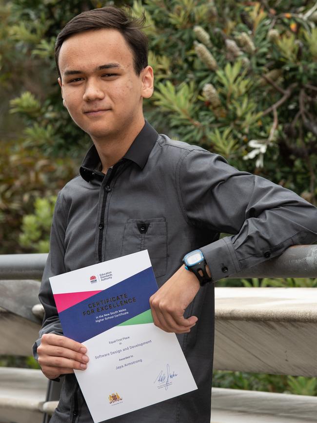 Jaya Armstrong with his equal first award for Software Design and Development. Picture: Monique Harmer