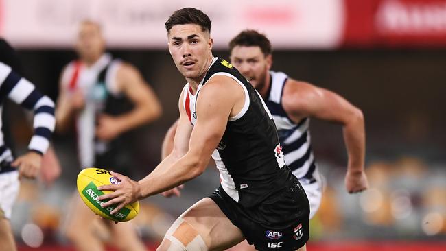 BRISBANE, AUSTRALIA - AUGUST 10: Jade Gresham of the Saints in action during the round 11 AFL match between the St Kilda Saints and the Geelong Cats at The Gabba on August 10, 2020 in Brisbane, Australia. (Photo by Albert Perez/Getty Images)