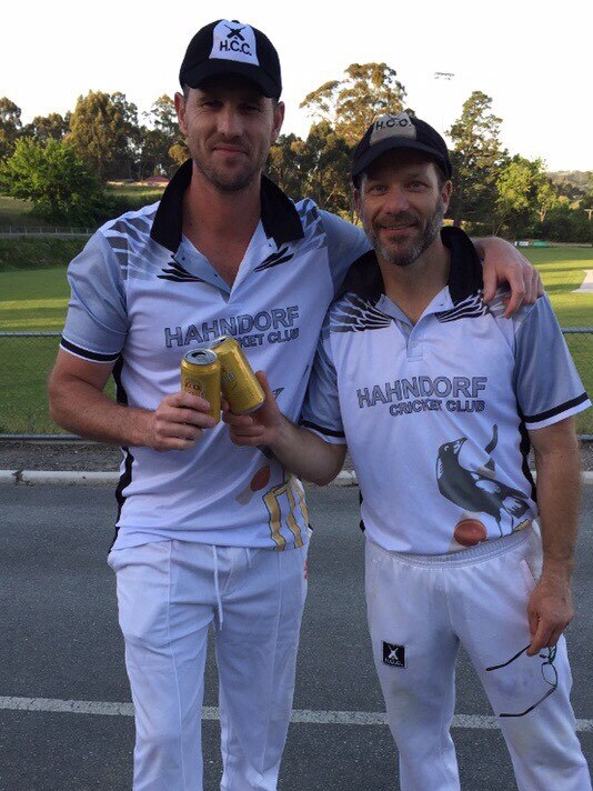 Shaun Tait with Greg Hassold after both made centuries for Hahndorf last season. Picture: Supplied