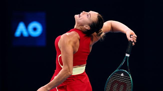 Belarus' Aryna Sabalenka serves against Czech Republic's Brenda Fruhvirtova during their women's singles match on day four of the Australian Open tennis tournament in Melbourne on January 17, 2024. (Photo by David GRAY / AFP) / -- IMAGE RESTRICTED TO EDITORIAL USE - STRICTLY NO COMMERCIAL USE --