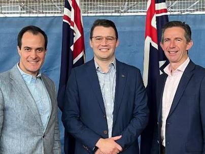 Liberal opposition leader Vincent Tarzia, (l) , Liberal candidate for Grey, Tom Venning and Liberal Foreign Affairs spokesman Simon Birmingham. Picture: X