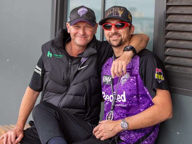 Head Coach of the Hobart Hurricanes Jeff Vaughan with Tim David the day after the BBL Final win. Picture: Linda Higginson