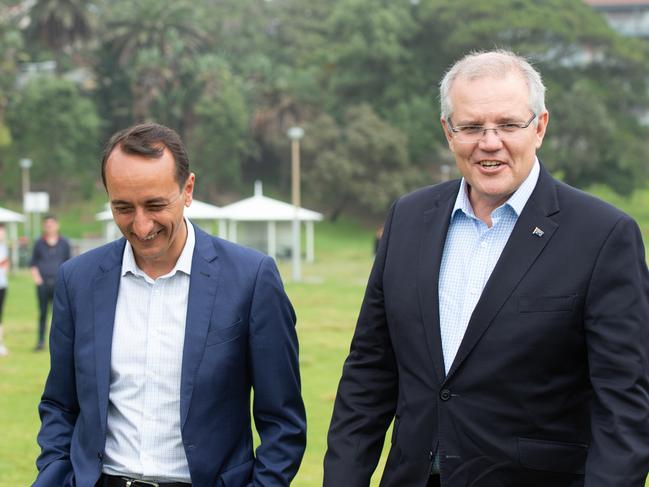 Prime Minister Scott Morrison and Liberal Party candidate for Wentworth Dave Sharma campaigning ahead of the Wentworth by-election. Picture: Monique Harmer