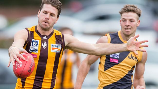 Jonathan Simpkin averaged 38 disposals a game for the Box Hill Hawks in last year’s VFL finals. Hopefully we see more of that at the Bombers. Picture Stuart Walmsley