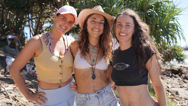 Larissa Schmidt, Larissa Mahony and Heidi Levesconte at the 49th Annual Pa &amp; Ma Bendall Memorial Surfing Contest held at Moffat Beach in Caloundra on April 8, 2023. Picture: Katrina Lezaic