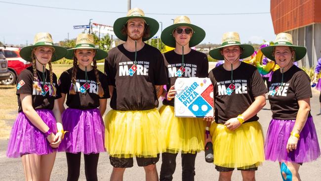 Deanna Gatti, Dean Millett, Enjay Walla, Braedan Swanson, Kiarnah Templeton and Isabella Burton-Gatti team Domino's from at the 2023 Bundaberg Relay for Life.