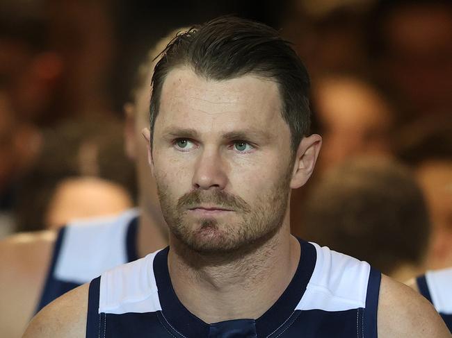 GOLD COAST, AUSTRALIA - SEPTEMBER 11: Patrick Dangerfield of the Cats leads his team out onto the field during the round 17 AFL match between the Geelong Cats and the Richmond Tigers at Metricon Stadium on September 11, 2020 in Gold Coast, Australia. (Photo by Chris Hyde/Getty Images)