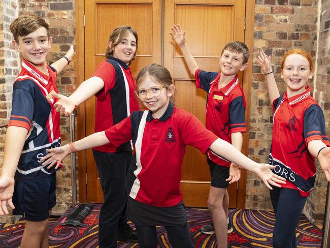 Rangeville State School students (from left) Rex Corum, Theo Law, Sally Lindenmayer, Cooper Clarke and Elara Walker on day two of Sing Out 2024 at The Empire, Wednesday, June 5, 2024. Picture: Kevin Farmer