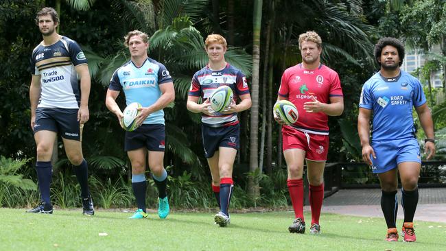 Super Rugby Season Launch. Leaders from the Super Rugby teams from Australia, Sam Carter, (brumbies) Michael Hooper (Waratahs) Nic Stirzaker (Rebels) James Slipper (reds) and Tatafu Polota-Nau, (Force). Pic Jono Searle.