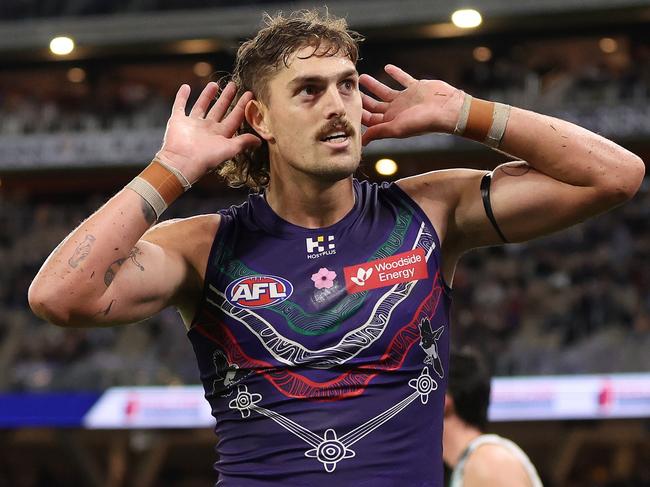 PERTH, AUSTRALIA - MAY 24: Luke Jackson of the Dockers celebrates a goal during the 2025 AFL Round 11 match between Walyalup (Fremantle Dockers) and Yartapuulti (Port Adelaide Power) at Optus Stadium on May 24, 2025 in Perth, Australia. (Photo by Janelle St Pierre/AFL Photos via Getty Images)