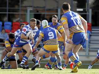 The Norths tacklers work to stop a Brothers run during last weekend's Rugby League Ipswich A-Grade semi-final at the North Ipswich Reserve. Norths won 32-20 to earn a shot at Swifts in Saturday's preliminary final. Picture: Regi Varghese