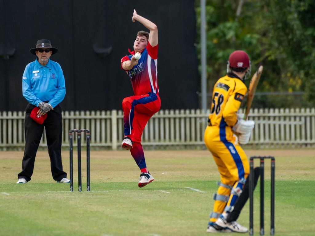 Brody Zanetich of Mulgrave bowls during the Mens A grade match against Norths on Saturday. Picture Emily Barker.