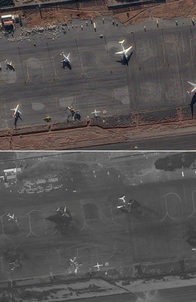 Satellite images show planes on a tarmac at Sanaa International Airport on April 10, 2025 (top) and then on May 7, 2025. Pictures: Maxar Technologies / AFP