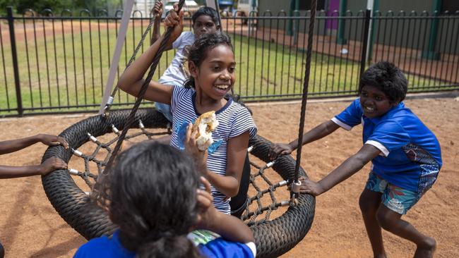 Education Minister Lauren Moss with Yirrkala students at the Yirrkala School. Picture: Floss Adams.