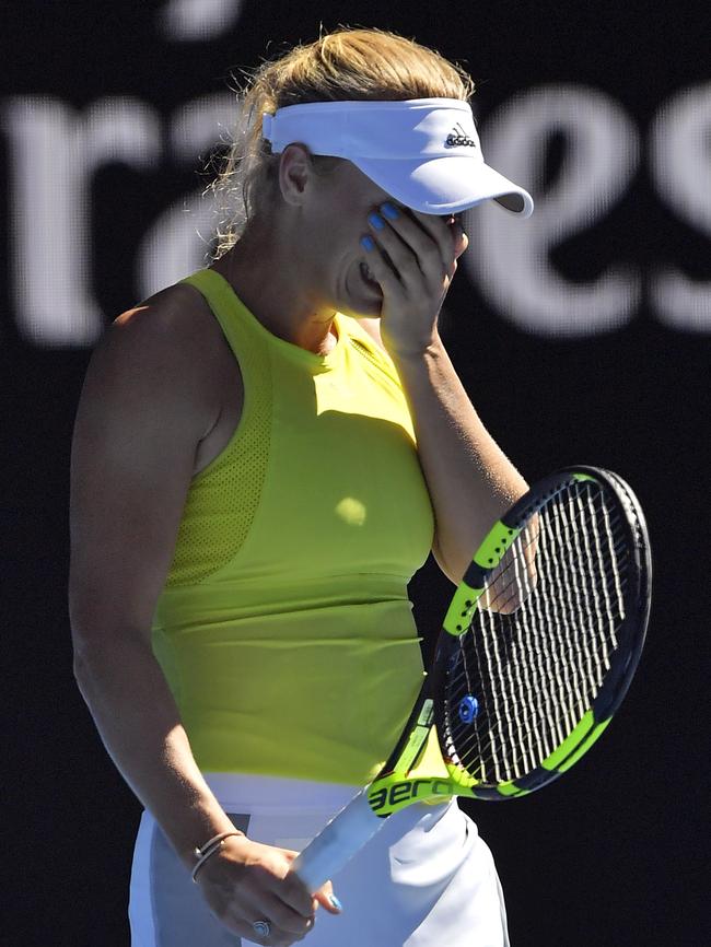 Caroline Wozniacki can’t hide her emotions after a superb comeback win over Jana Fett. Picture: AP