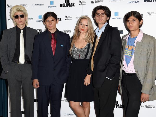 Eddie Angulo (from left), Mukunda Angulo, director Crystal Moselle, Govinda Angulo and Narayana Angulo at the London Gala screening of The Wolfpack in England. Picture: Ben A. Pruchnie / Getty Images