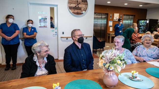 Labor leader Anthony Albanese visits an aged care facility as he sells his party's $2.5 billion budget pledge. Picture: NCA NewsWire / Flavio Brancaleone