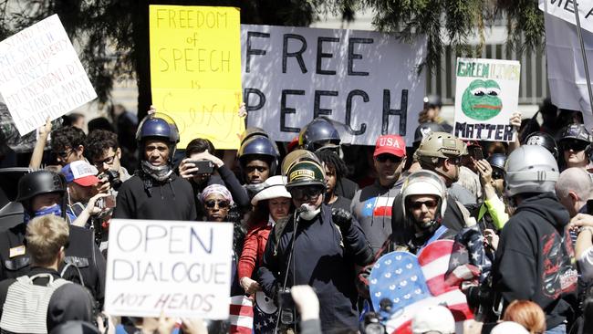 Demonstrators called for the right to freedom of speech after Ann Coulter’s speech was cancelled at the University of Berkeley. (Pic: AP/Marcio Jose Sanchez)