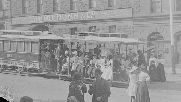 A cable tram on Market Street in Melbourne in 1900. Picture: James Fox Barnard (State Library of Victoria)