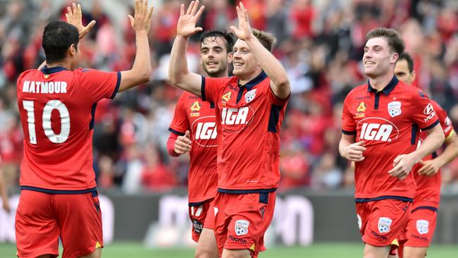 Adelaide United's Ryan Kitto celebrates his goal against Western Sydney Wanderers at Coopers Stadium, Hindmarsh, last weekend. Picture: Cathy Davis