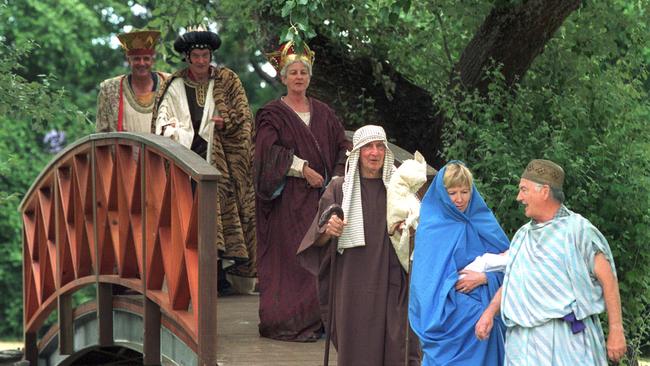 Members of Mitcham churches dressed as Nativity characters preparing for the 2003 Carols By The Creek night.