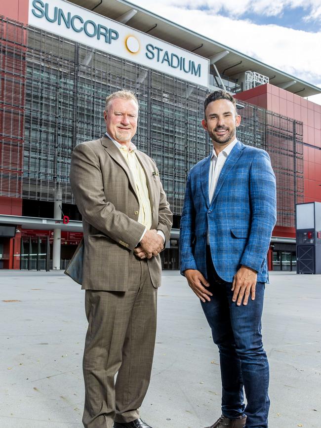 Ipswich Jets chairman Steve Johnson (left) and Nick Livermore from the Brisbane Bombers have joined forces to bid for the NRL’s 17th licence as the West Brisbane Jets. Picture: Richard Walker