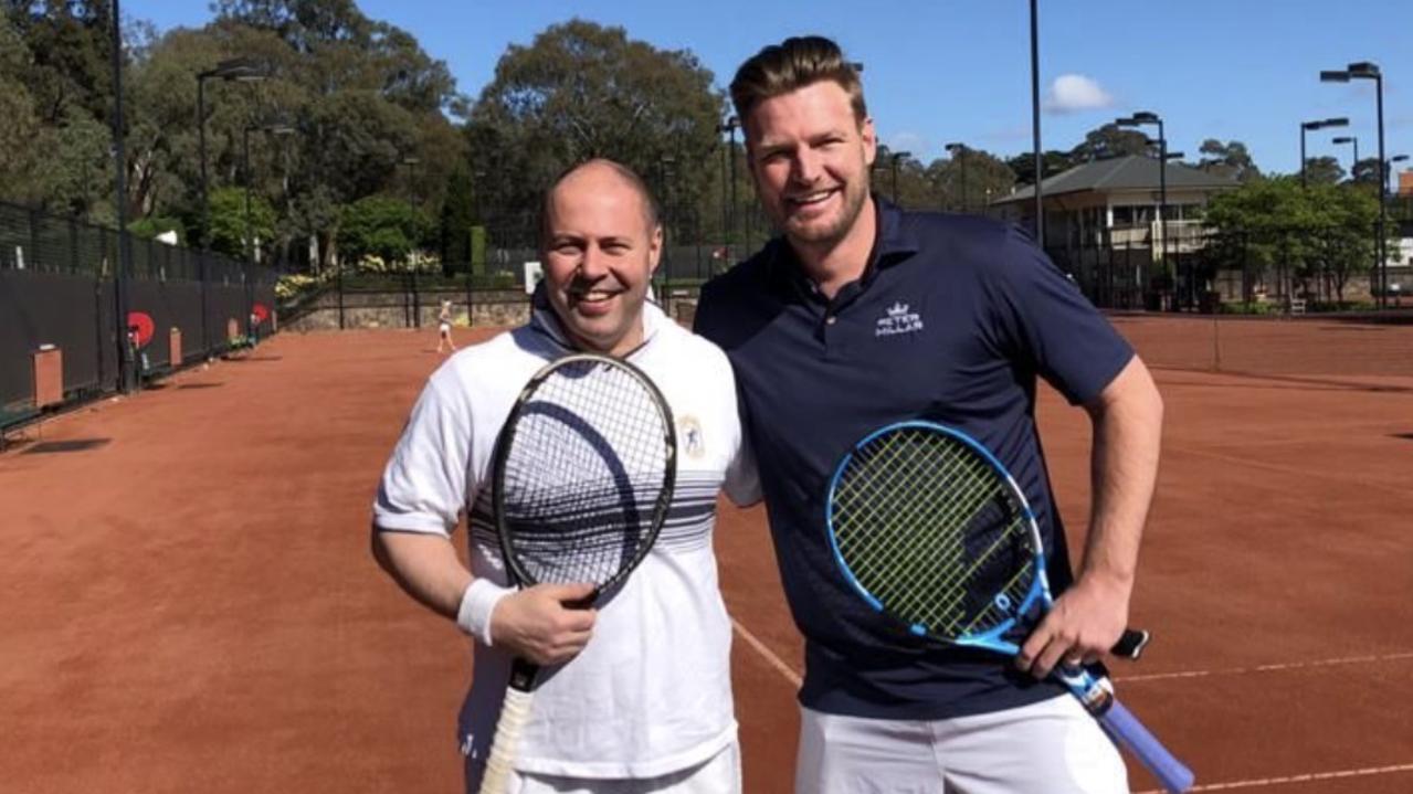 Josh Frydenberg came off second best in a game of tennis against Sam Groth. Picture: Supplied