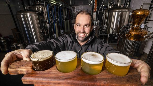 Mark Wheal with some of his brews at Beachport Brewing Co. Picture: Nicole Cleary