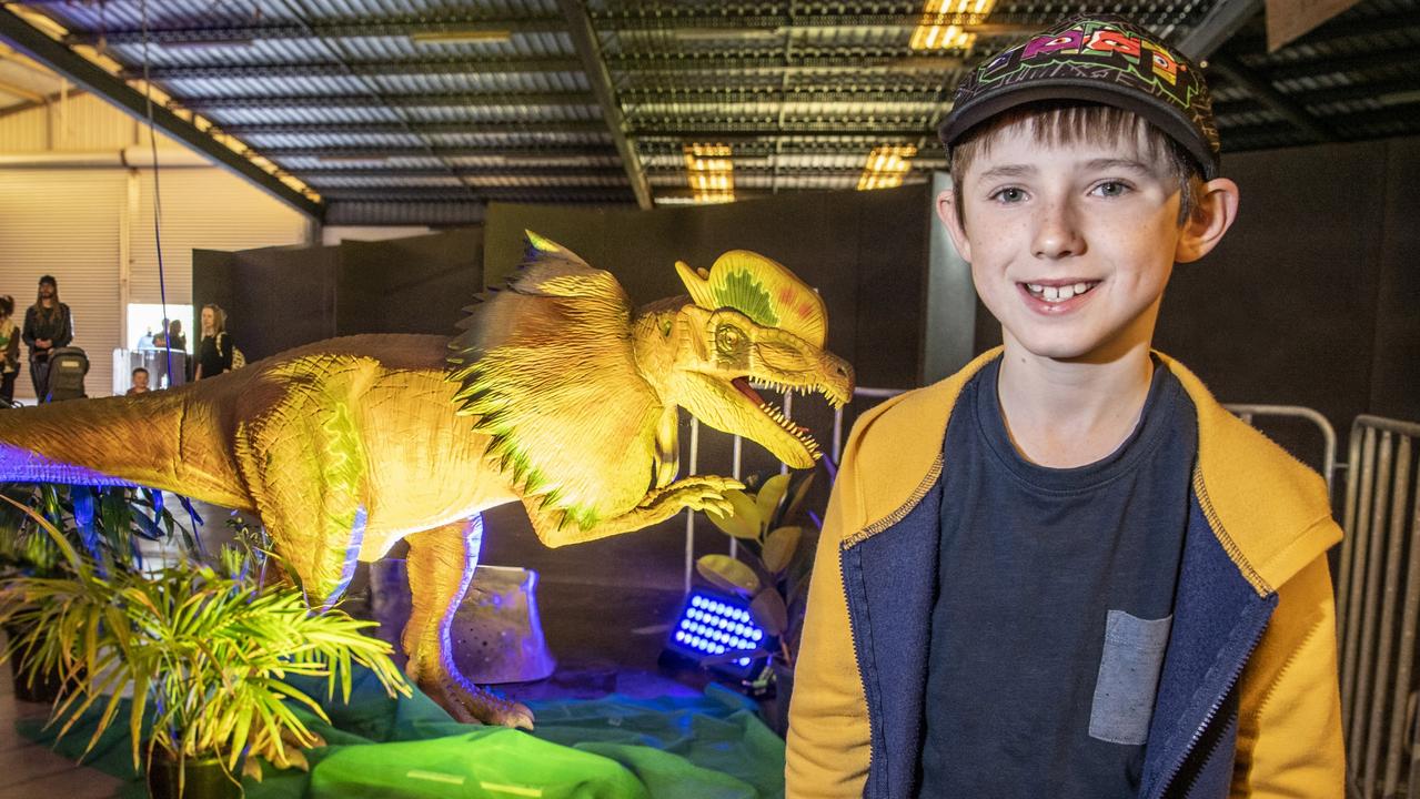 Nine-year-old Harrison Gentry found his favourite dinosaur, the Dilophosaurus at the Dino Festival. Picture: Nev Madsen.