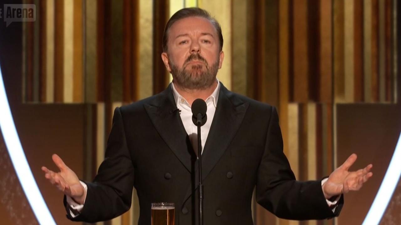 Gervais’ opening monologue was as vicious as expected. Picture: Foxtel.