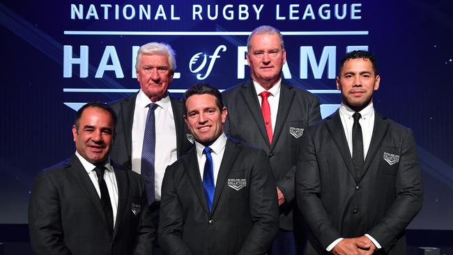 Ray Warren pictured with Stacey Jones, Danny Buderus, Craig Young and Ruben Wiki at the 2019 NRL Hall of Fame awards.