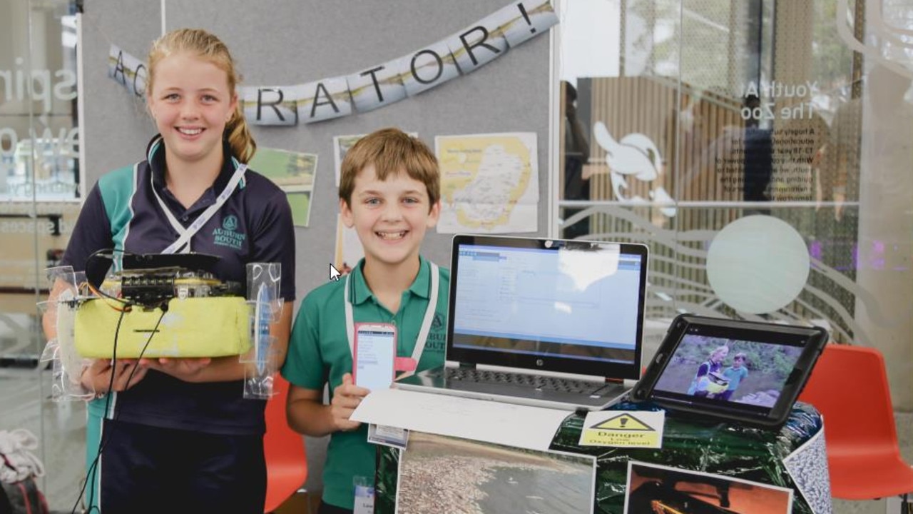 Lawson and Gabrielle with their winning invention, the Aquerator. Picture: supplied