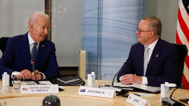 US President Joe Biden and Prime Minister Anthony Albanese at the Quad meeting on the G7 sidelines in Japan. Picture: AFP