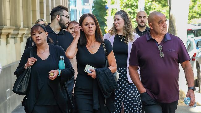 Celeste’s mother Aggie Di Mauro (centre) arrives with family and friends at the Melbourne Supreme Court. Picture: Ian Currie