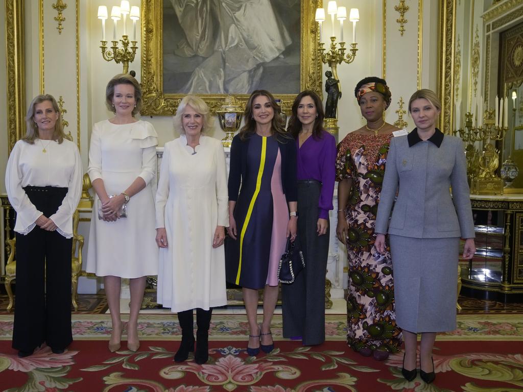 From left: Britain's Sophie, Countess of Wessex, Queen Mathilde of Belgium, Britain's Camilla, Queen Consort, Queen Rania of Jordan, Crown Princess Mary of Denmark, the first lady of Sierra Leone Fatima Maada Bio, and the first lady of Ukraine Olena Zelenska during the reception to raise awareness of violence against women and girls. Picture: Getty Images.