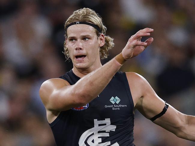 NCA. MELBOURNE, AUSTRALIA. 13th March, 2025 .  AFL  Round 1.  Richmond vs Carlton at the MCG.   Tom De Koning of the Blues during the 2nd qtr.   . Picture: Michael Klein