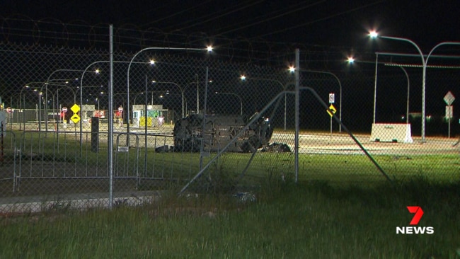 A 17-year-old boy was killed when this car smashed into a fence on the RAAF base at Edinburgh. Images: 7NEWS Adelaide