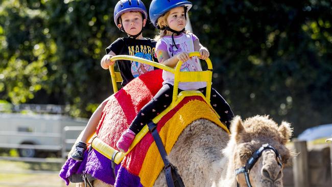 Jaydn Treay and Amelia Tither atop a camel at a previous show. Picture: Jerad Williams